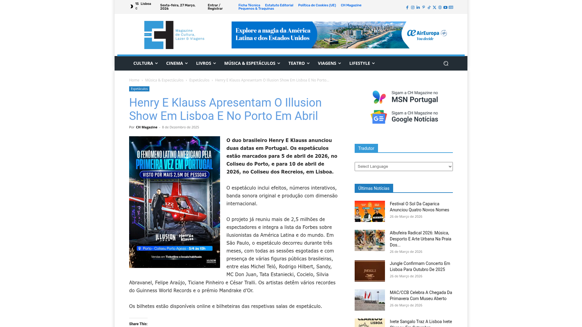 CH Magazine: Henry & Klauss present the Illusion Show in Lisbon and Porto