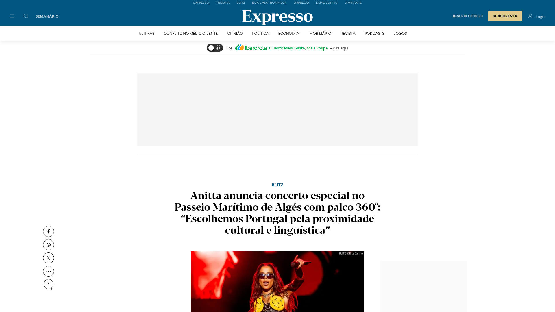 Expresso / Blitz: Anitta chooses Portugal for European premiere of "Cosmos"
