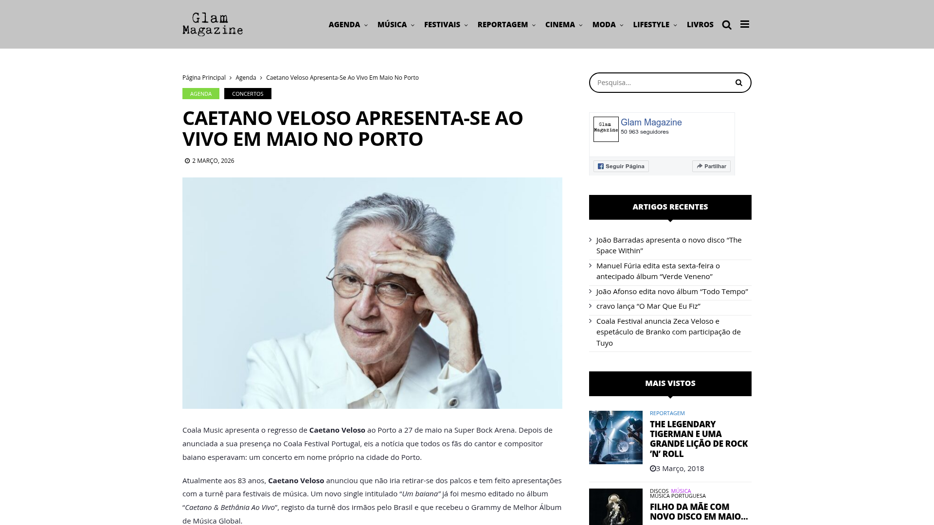 Glam Magazine: Caetano Veloso performs live in Porto