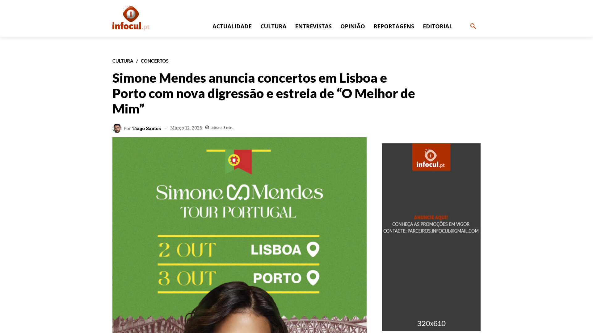 Infocul: Simone Mendes announces concerts in Lisbon and Porto with new tour