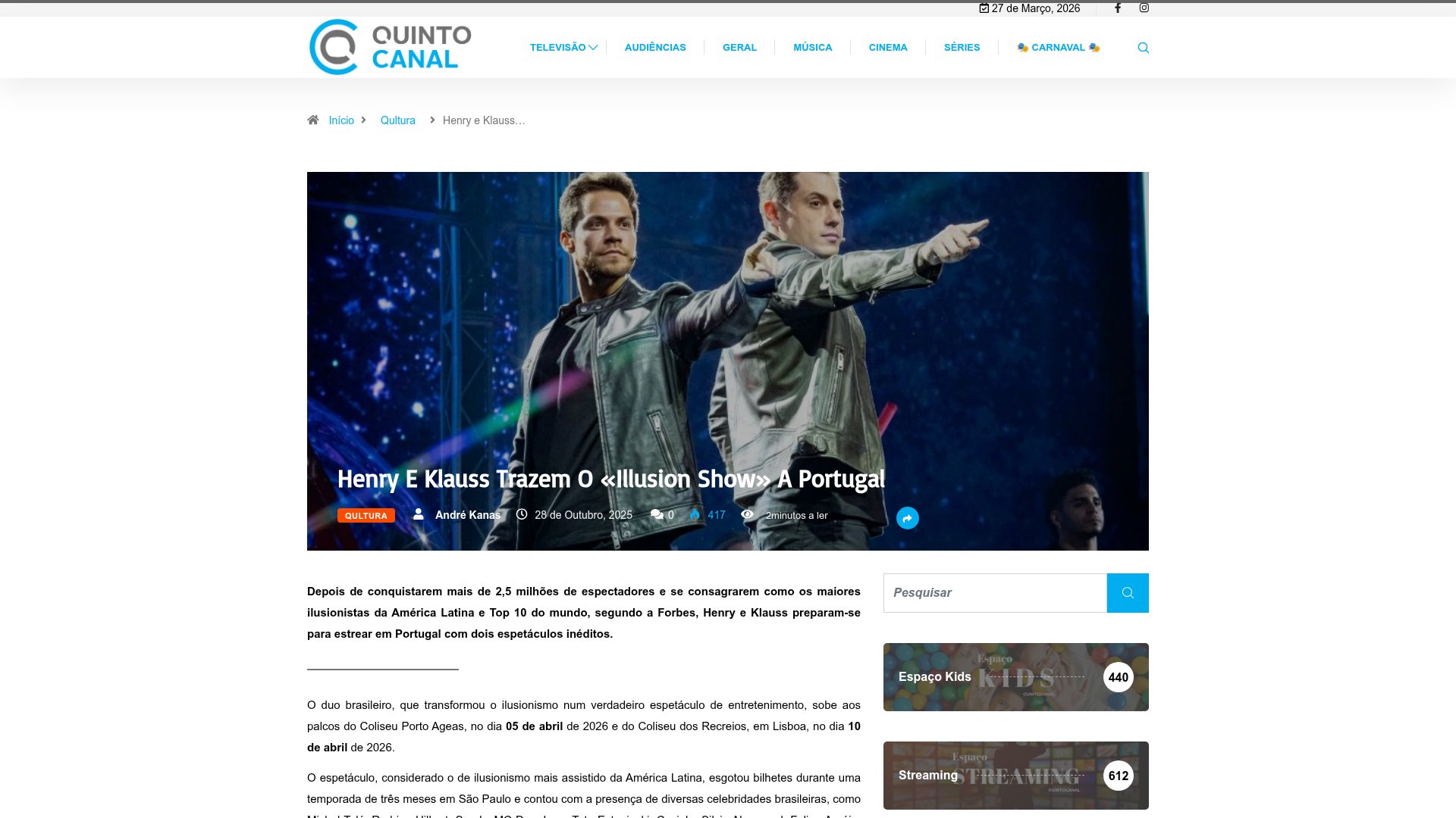 Quinto Canal: Henry & Klauss bring the Illusion Show to Portugal