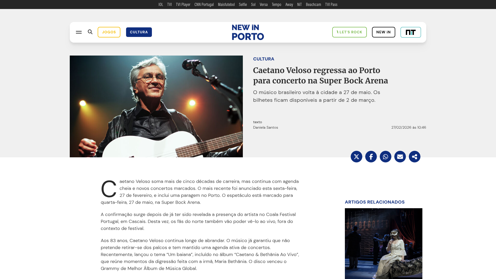 Caetano Veloso returns to Porto for concert at Super Bock Arena